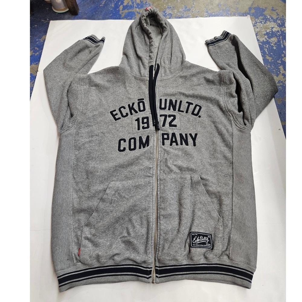 Ecko Unltd Mens XL Gray Zip Up Hoodie Fleece 1972 Graphic Striped Trim